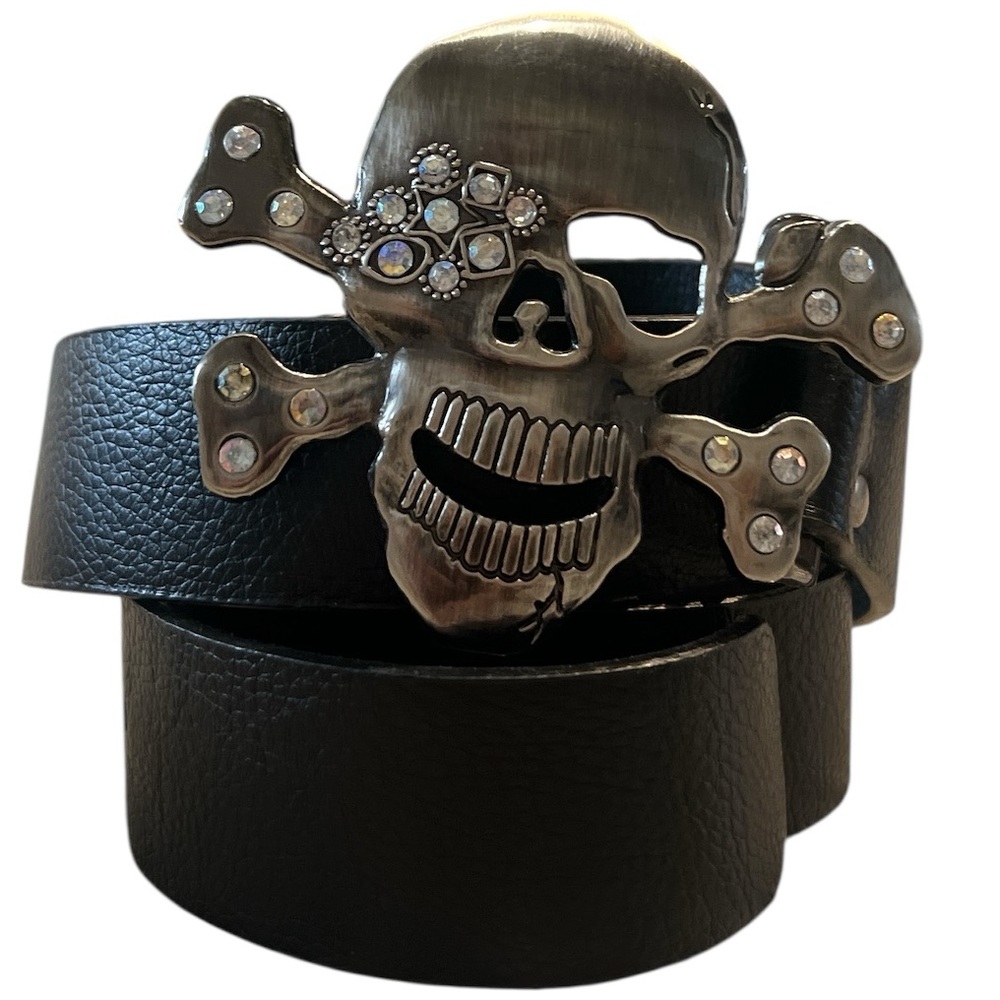 Black Edgy/Grunge/ Biker-core Belt with a Crystal Embellished Metal Skull Buckle